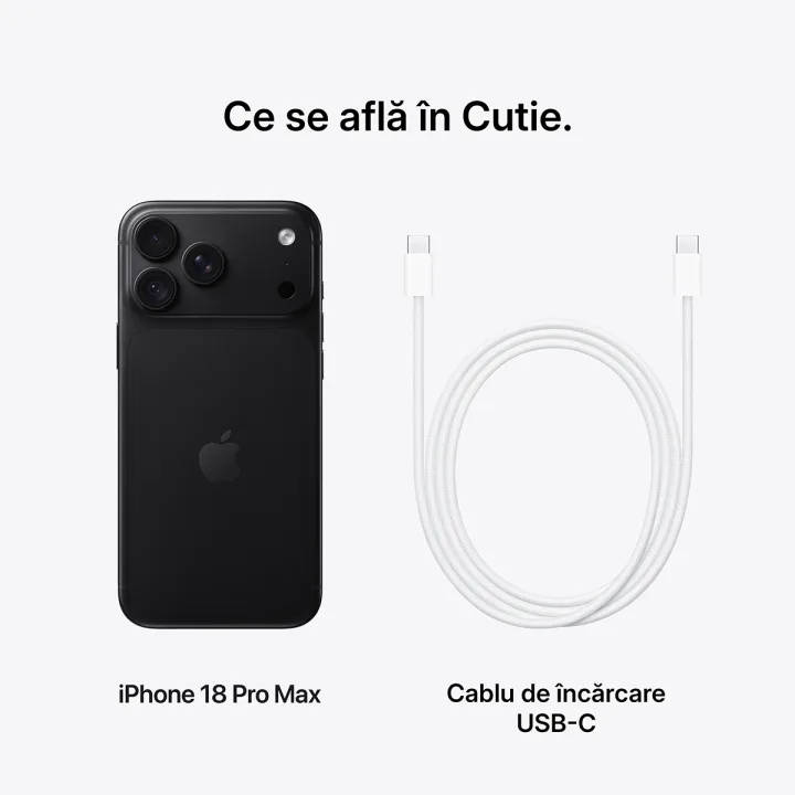 Ce se află în cutie: iPhone 18 Pro Max și cablu de încărcare USB-C.