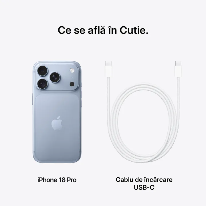 Ce se află în cutie: iPhone 18 Pro și cablu de încărcare USB-C.