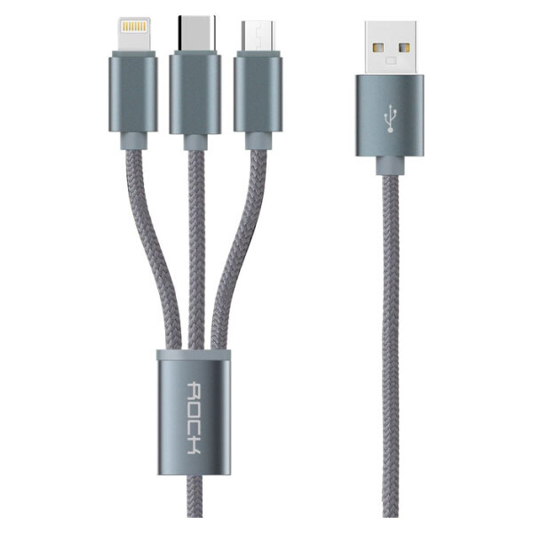 Кабель USB (8-pin/microUSB/Type-C) Rock (1.2м) Version B, Серебряный  photo 1