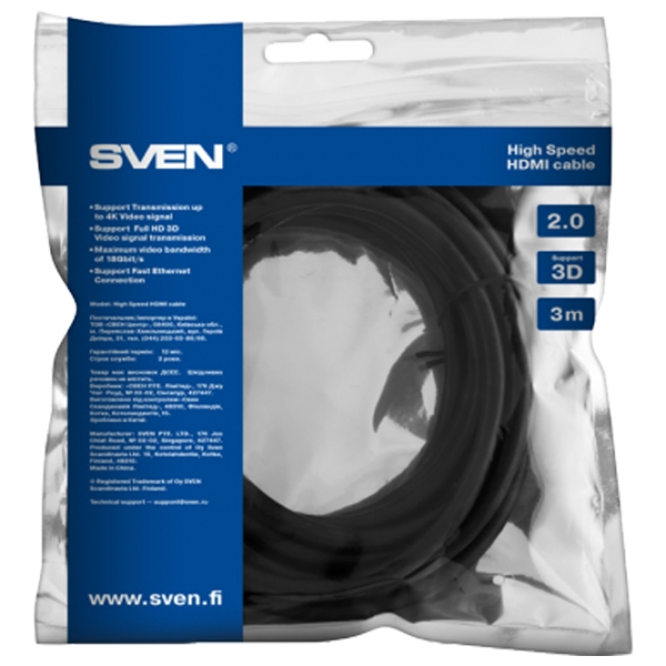 Cablu video Sven HDMI M - M 3.0 m HDMI/ HDMI Black  photo 4