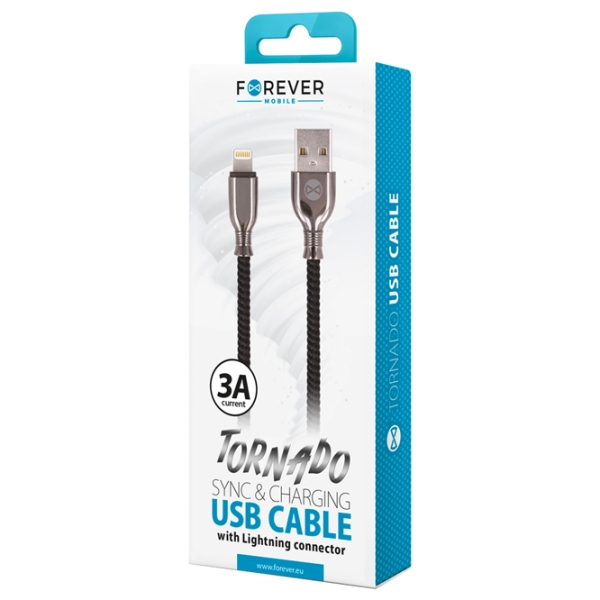 Cablu USB Forever Tornado USB Type-A/ Lightning Black  photo 2