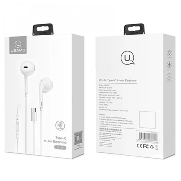 Căști USAMS EP-34 Type-C White Cu fir / Personal / In ear photo 6