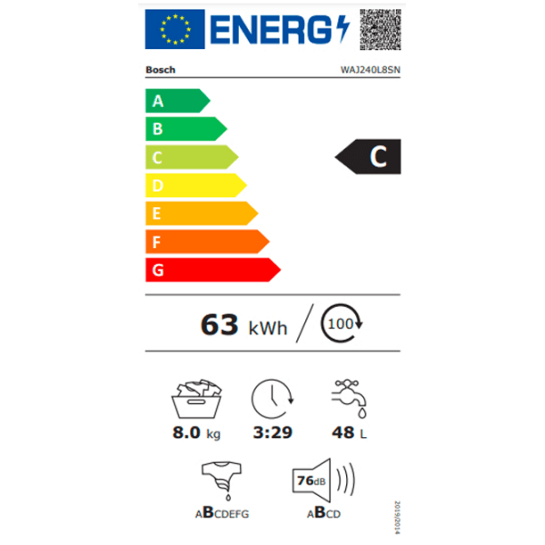 Mașină de spălat Bosch WAJ240L8SN White 8 kg, 1200 rpm, C photo 6