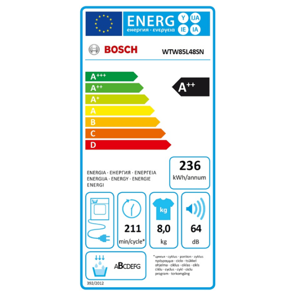 Mașină de uscat rufe Bosch WTW85L48SN White 8 kg, A++ photo 5