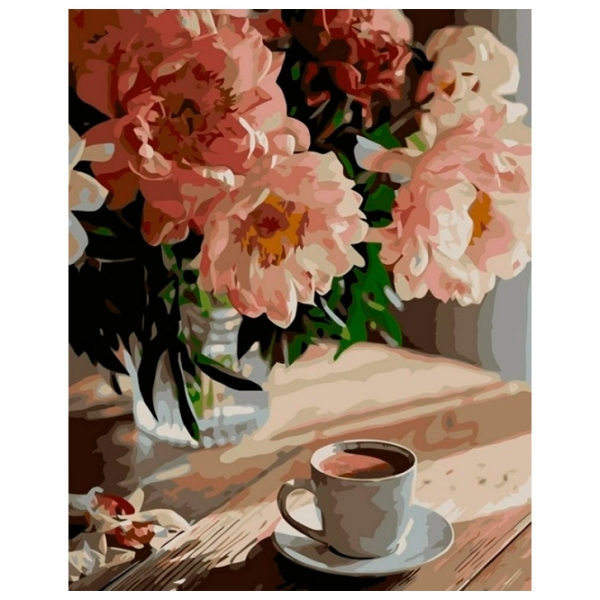 Pictură pe numere Strateg Cafea cu flori albe VA-3594 50 x 40 cm, P&acirc;nză photo 1