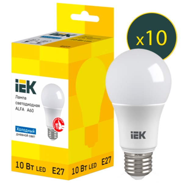 Комплект лампочек светодиодная IEK ALFA A60 LLA-A60-10-230-65-E27 E27 | 10 Вт | White photo 1