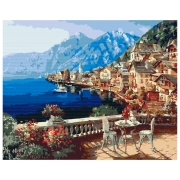 Pictură pe numere BrushMe Sat la poalele munților Alpi 50 x 40 cm, P&acirc;nză