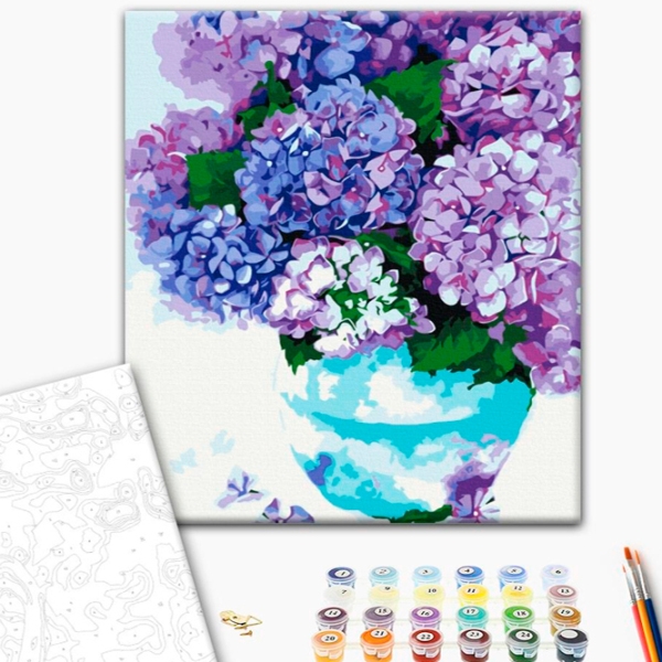 Pictură pe numere BrushMe Hortensia într-un vazon de culoarea cerului 50 x 40 cm, P&acirc;nză photo 2