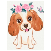 Pictură pe numere BrushMe Cățel în coroniță de flori 40 x 30 cm, P&acirc;nză