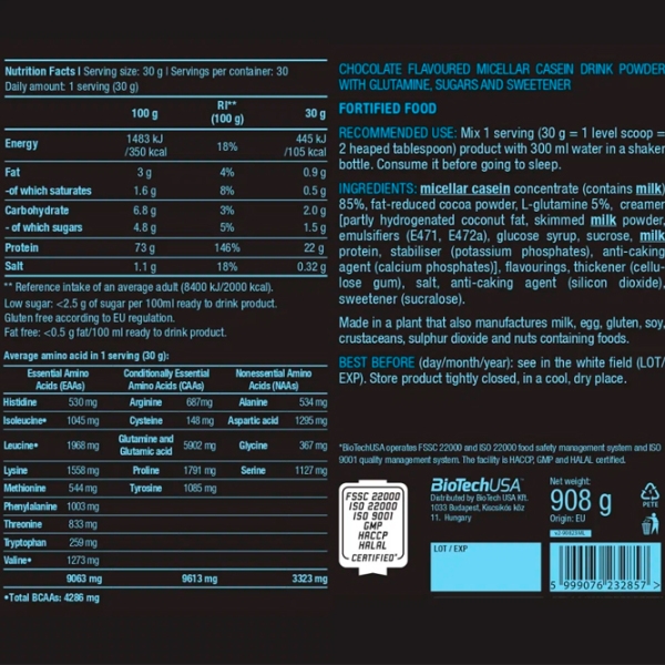 Proteină BioTechUSA Micellar Casein 908 g Ciocolată | praf photo 2