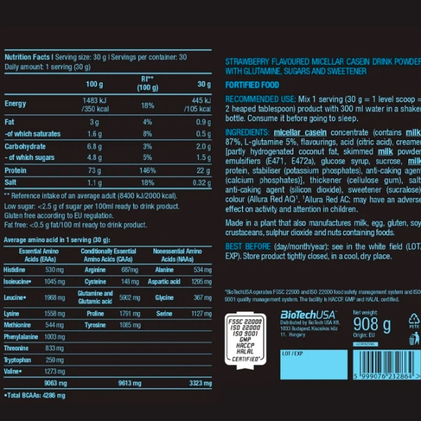 Proteină BioTechUSA Micellar Casein 908 g Сăpșuni | praf photo 2