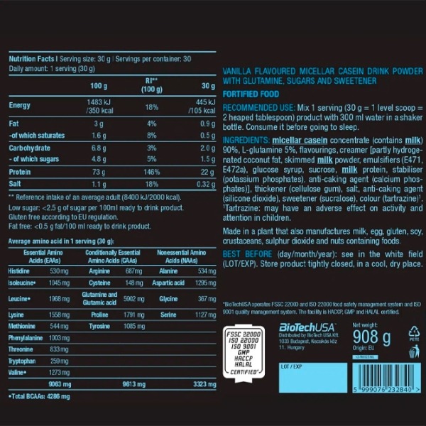 Proteină BioTechUSA Micellar Casein 908 g Vanilie | praf photo 2