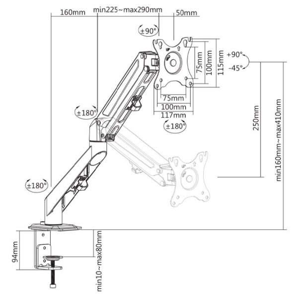 Кронштейн для монитора Brateck LDT25-C012 Черный VESA 100 x 100 мм photo 5