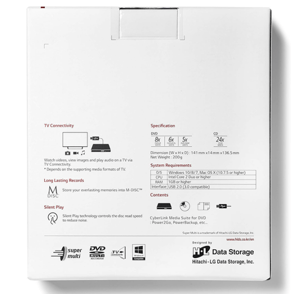 External Portable Slim 8x DVD-RW Drive LG GP57ES40, Серебряный  photo 7