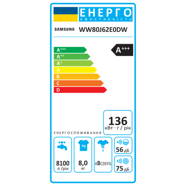 Mașină de spălat Samsung WW80J62E0DW/CE White 8 kg, 1200 rpm, A+++ photo 6