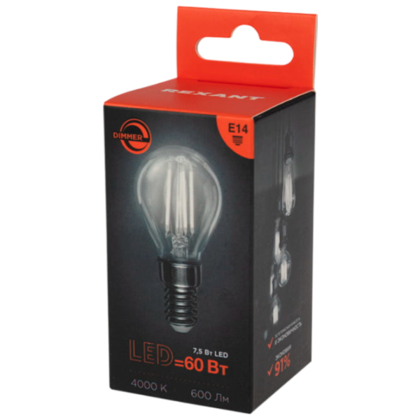 Лампочка светодиодная филаментная Rexant GL45 604-126 E14 | 7.5 Вт | White photo 2