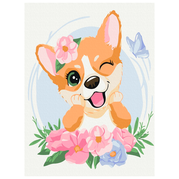Pictură pe numere BrushMe Corgi în flori KBS7103FC 40 x 30 cm, Pânză photo 1