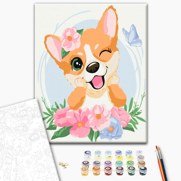 Pictură pe numere BrushMe Corgi în flori KBS7103FC 40 x 30 cm, Pânză photo 3