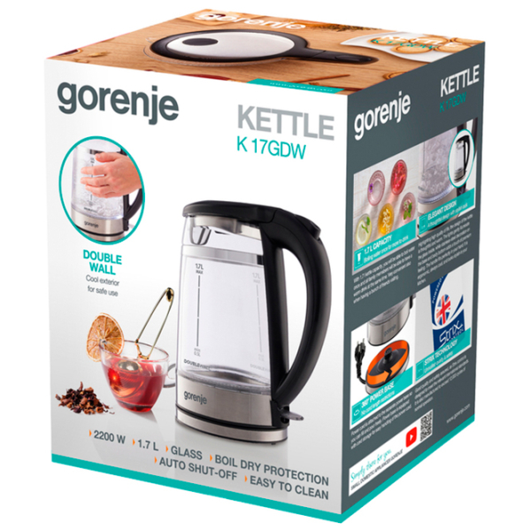 Ceainic electric Gorenje K17GDW Black 2200 W, 1.7 l, Material interior: Sticlă photo 8