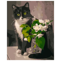 Pictură pe numere Strateg Pisica cu flori GS1021 50 x 40 cm, Pânză