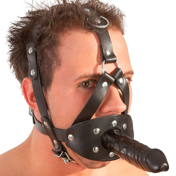 Кляп Zado Leather Head Harness with Dildo Черный  photo 7