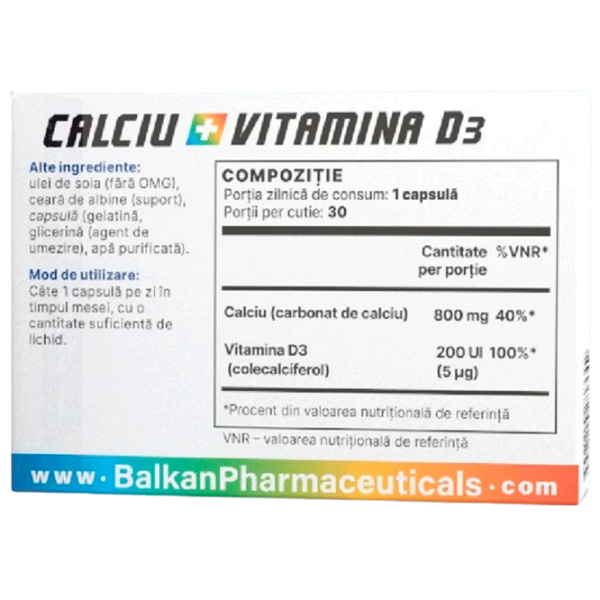 Vitamine Balkan Pharmaceuticals CALCIU + VITAMINA D3 4840982011245  30 capsule photo 3