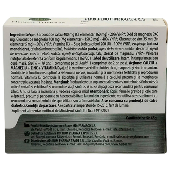 Vitamine și minerale Herbal Therapy Calciu + Magneziu + Zinc + Vitamina D3 4840257008666 30  photo 2