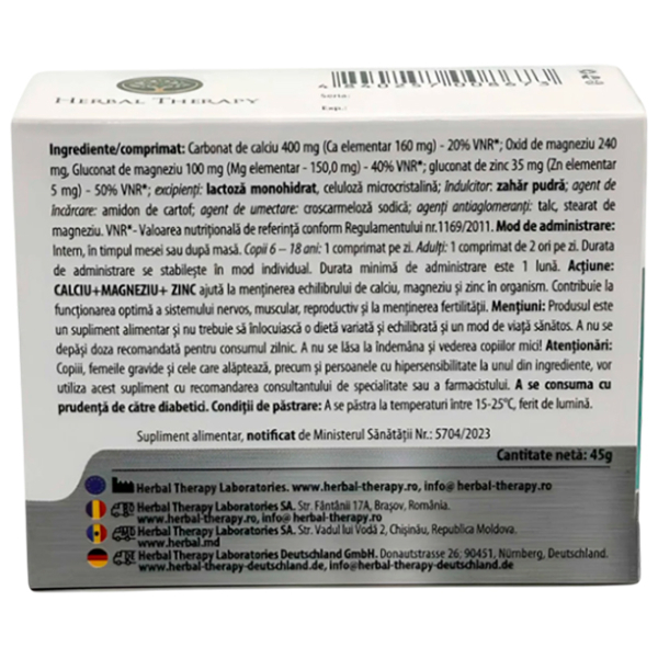 Vitamine și minerale Herbal Therapy Calciu + Magneziu + Zinc 4840257008673 30  photo 3