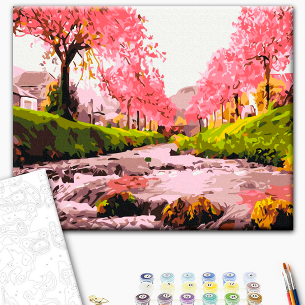Pictură pe numere BrushMe Râul în sakura RBS25577FC 40 x 30 cm, Pânză photo 3
