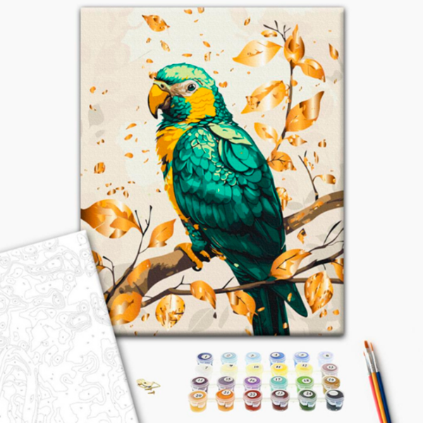 Pictură pe numere BrushMe Papagal smarald cu vopsele metalice BS54123 50 x 40 cm, Pânză photo 3