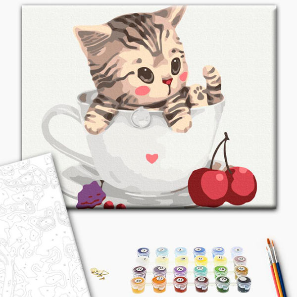 Pictură pe numere BrushMe Pisicuța în cană RBS8396FC 40 x 30 cm, Pânză photo 2