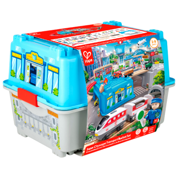 Игровой набор Hape Play Essentials Городской Транспорт в Ведёрке E3773 Синий Для мальчиков, 3+ photo 1