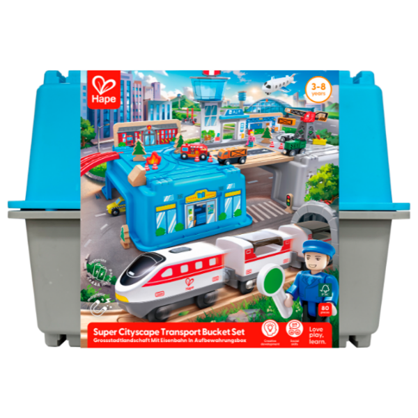 Игровой набор Hape Play Essentials Городской Транспорт в Ведёрке E3773 Синий Для мальчиков, 3+ photo 7