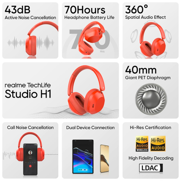 Căști Realme Techlife Studio H1 Red Fără fir / Personal / On the ear photo 2