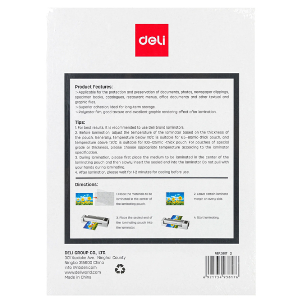 Folie pentru laminare DELI DLE3817 White A4,  photo 4