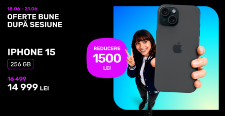 Apple iPhone 15 256 GB Black reducere 1 500 lei
