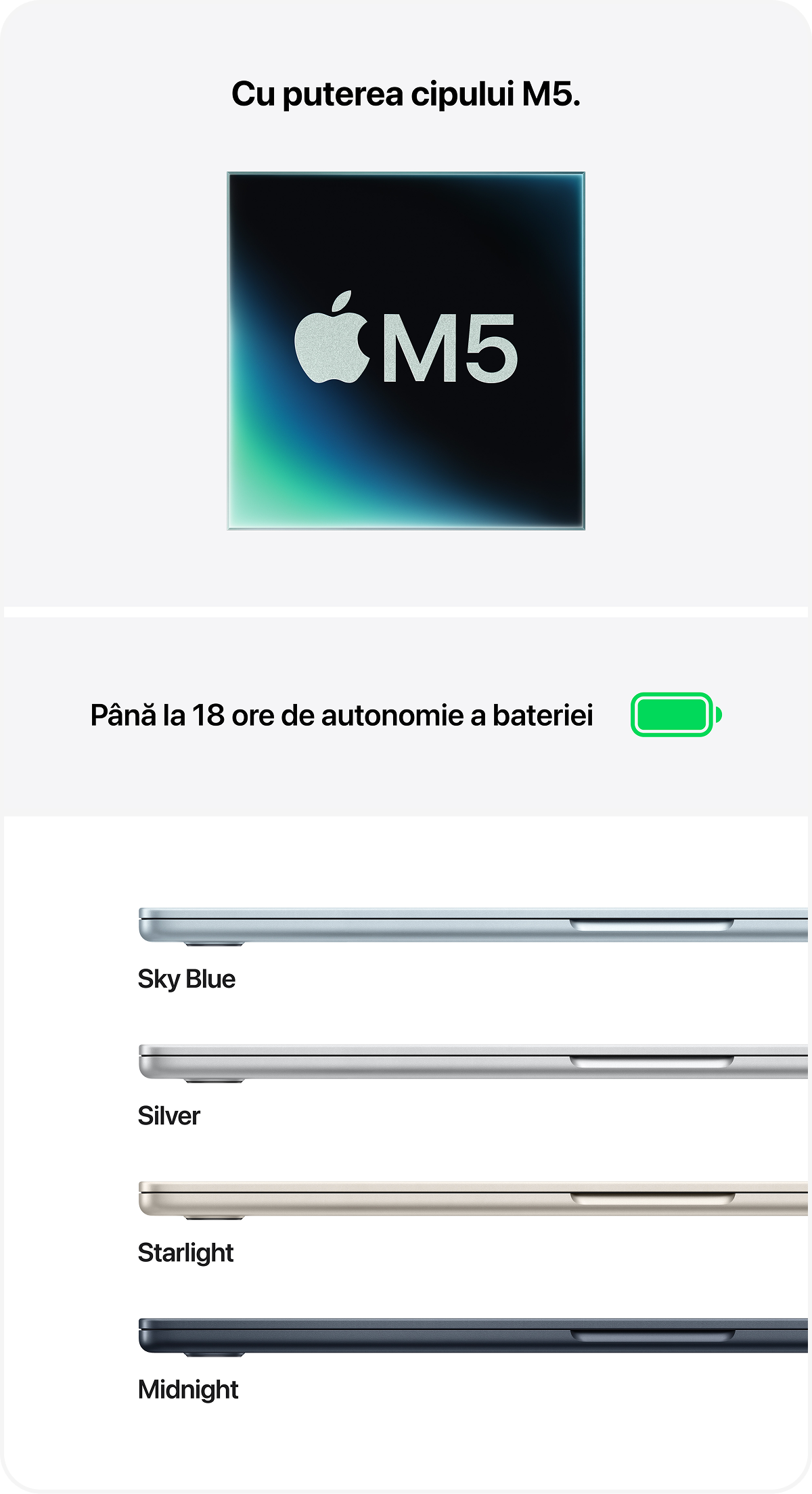 MacBook Air cu cipul M5 oferă o viteză fulgerătoare
și capabilități AI puternice,
într-un design incredibil de portabil.