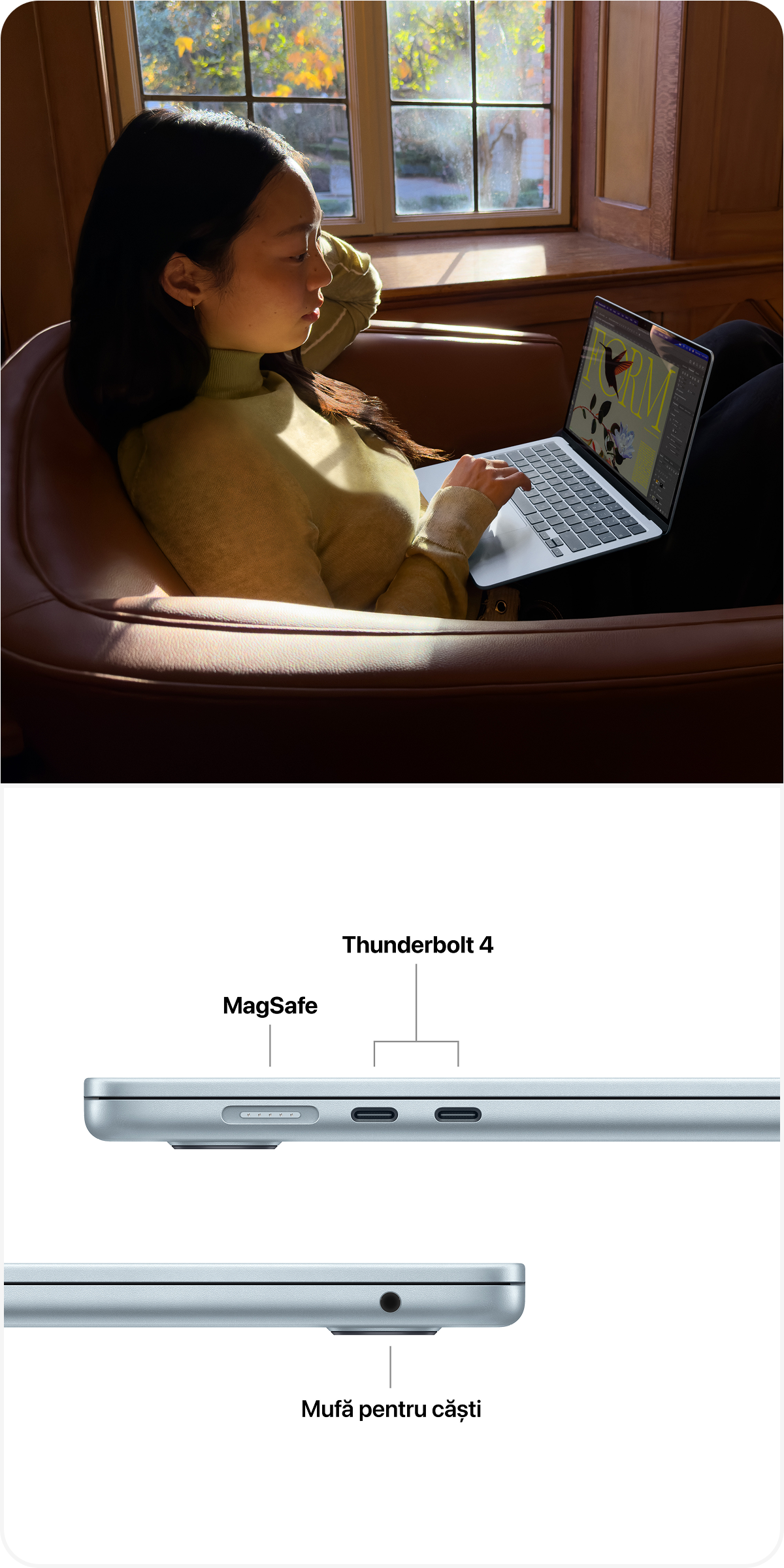 MacBook Air cu cipul M5 oferă o viteză fulgerătoare
și capabilități AI puternice,
într-un design incredibil de portabil.